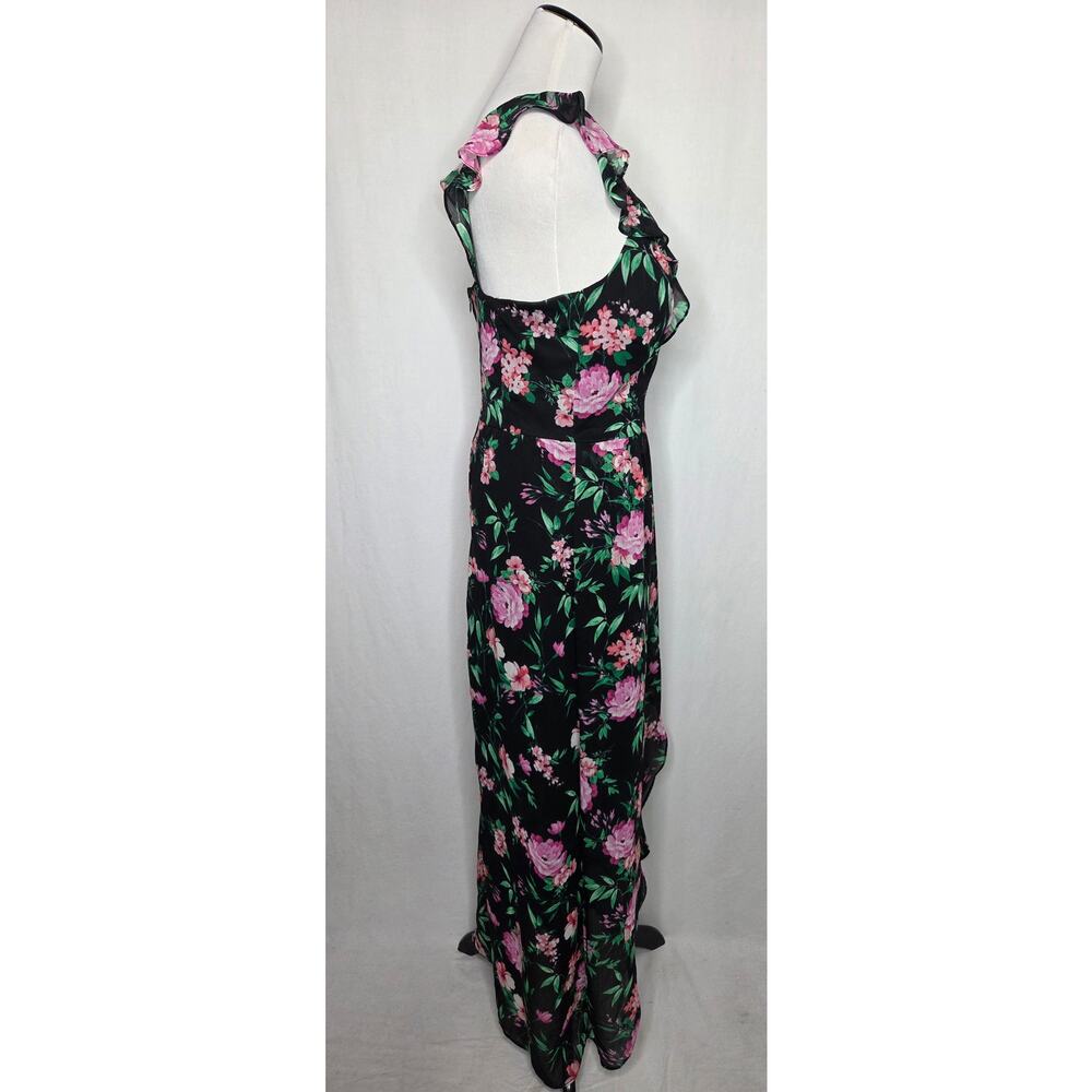 GUESS Ruffled High-Low Sleeveless Maxi Dress Black Pink Floral Size 10 - Picture 9 of 14